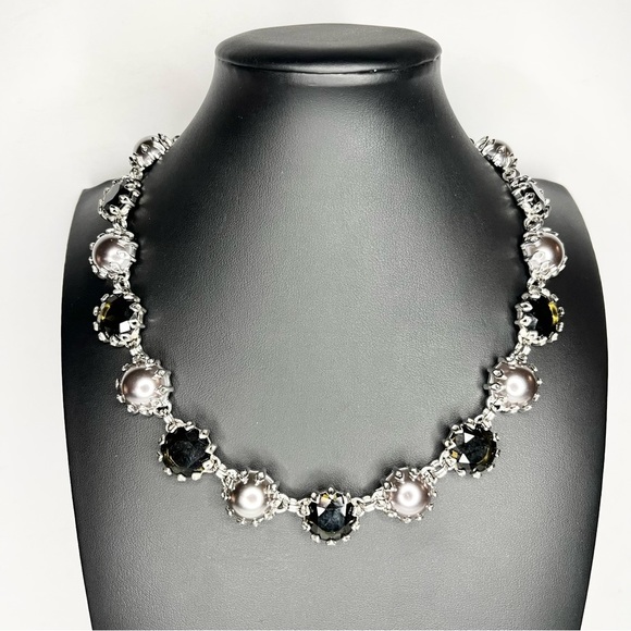 Statement Necklace Black Faceted Crystal and Silver Beaded Runway - Picture 1 of 6